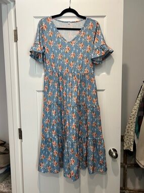 Floral Tiered V-Neck Dress in Light Blue